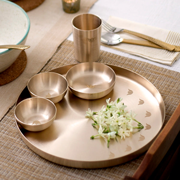 Tulsi Kansa Platter - Buy Kansa Dinner Set Online. Comes with kansa platter, kansa glass, kansa bowl/katori and kansa spoon.