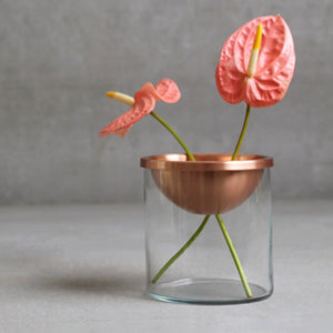 Handcrafted pure copper vase with glass online.